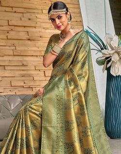 Collection of Light Green Meena work Padiya Banaras Tissue Saree in a gallery layout