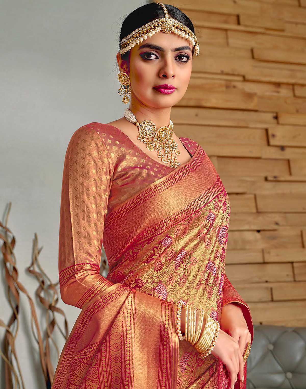 Collection of Pink Floral  Meena work Padiya Banaras Tissue Saree in a gallery layout