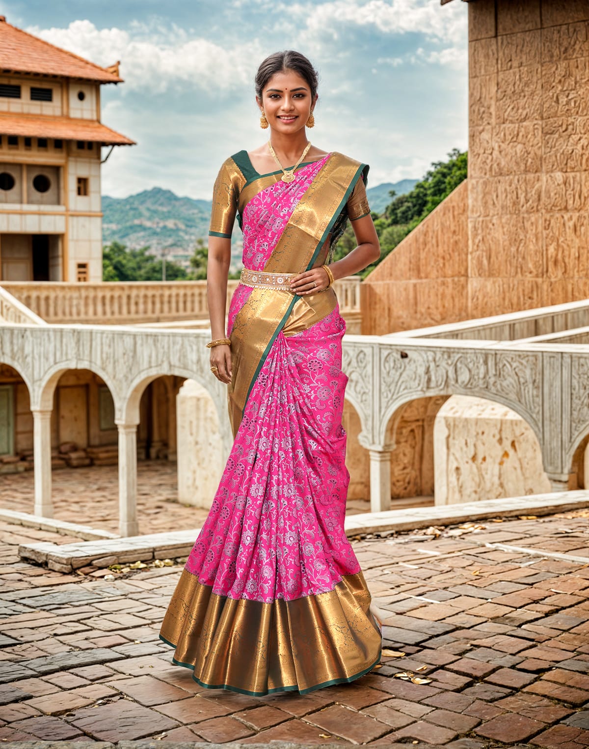 Collection of Pink silver zari handmade Kanchi Pattu Contrast Saree in a gallery layout