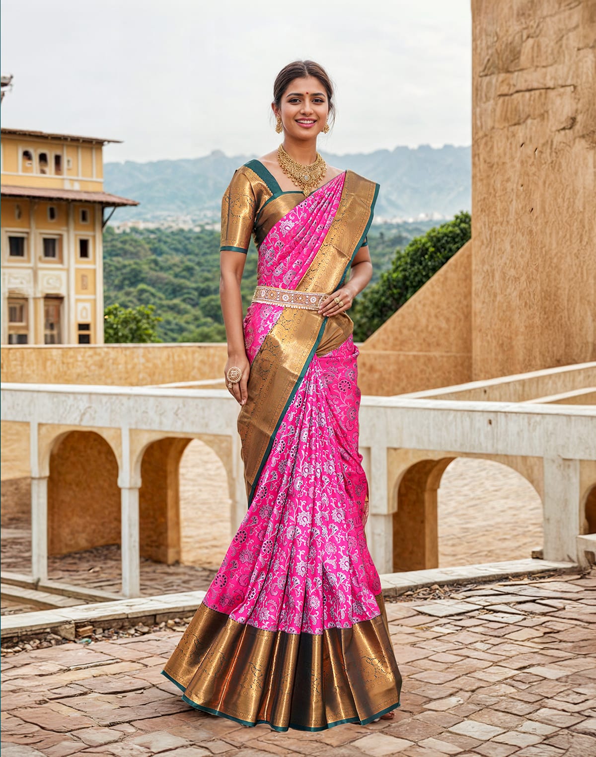 Collection of Pink silver zari handmade Kanchi Pattu Contrast Saree in a gallery layout