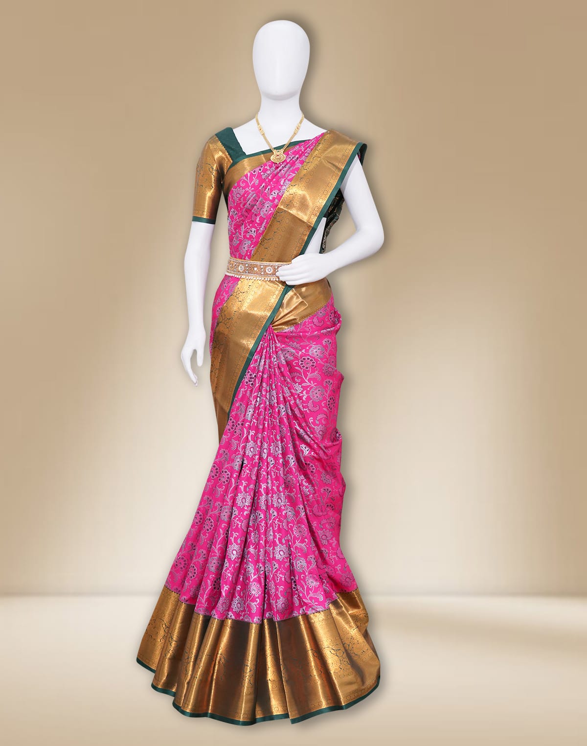 Collection of Pink silver zari handmade Kanchi Pattu Contrast Saree in a gallery layout