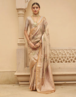 Collection of Light Beige Floral Printed Organza Saree in a gallery layout