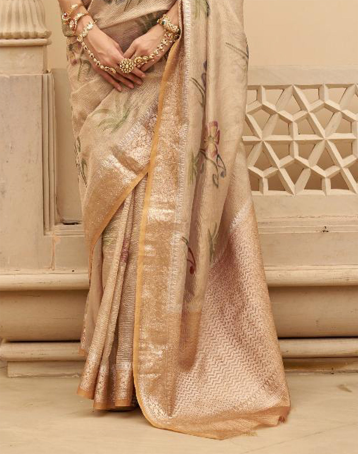 Collection of Light Beige Floral Printed Organza Saree in a gallery layout