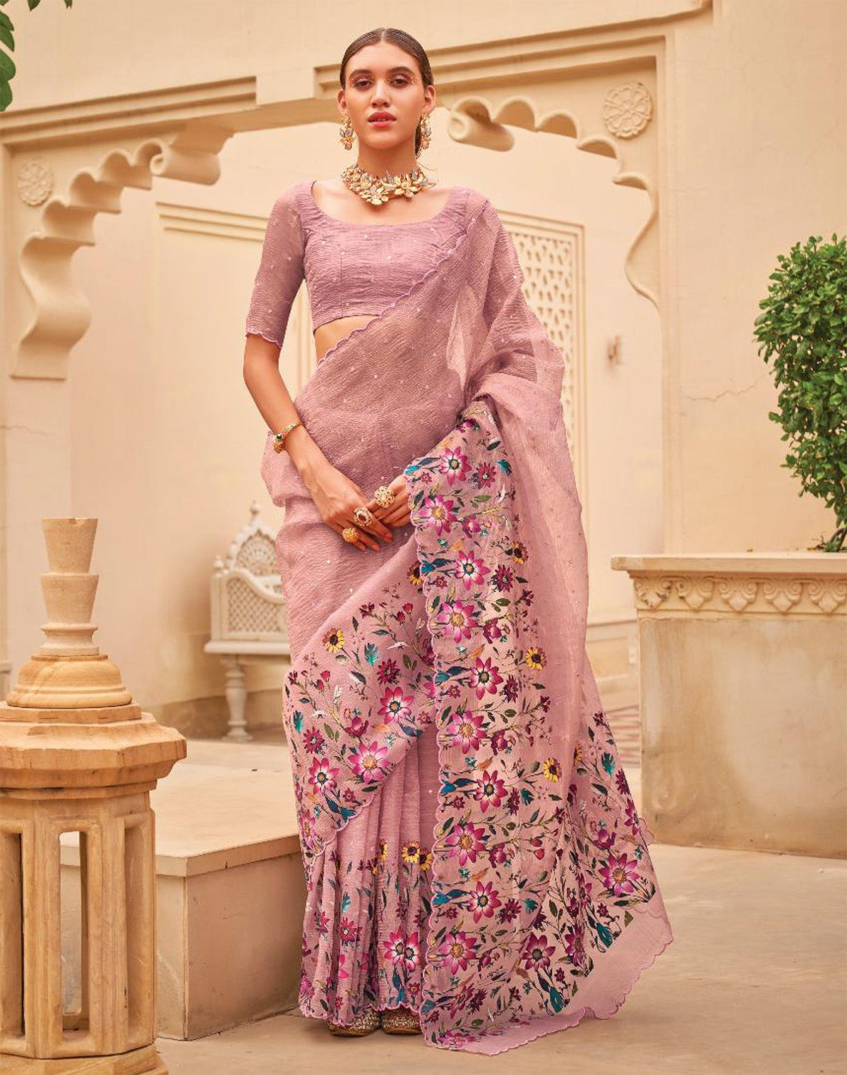 Collection of Light Pink Digital Floral Print With Embellished Work Organza Saree in a gallery layout