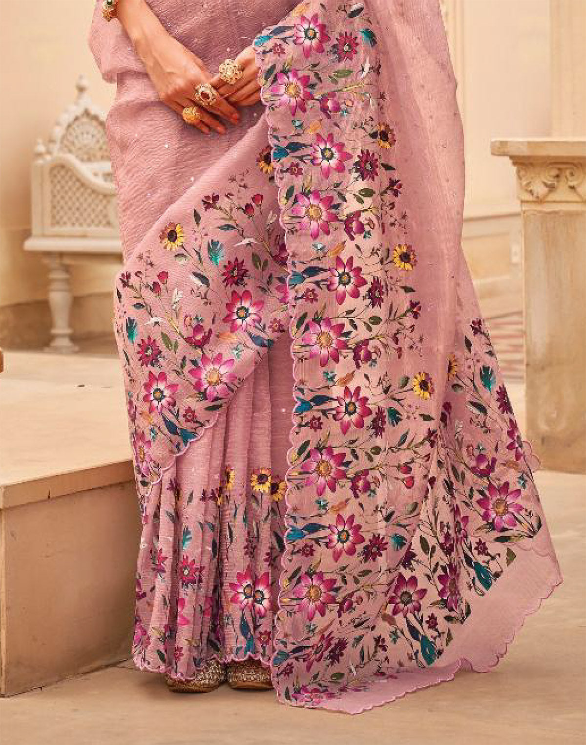 Collection of Light Pink Digital Floral Print With Embellished Work Organza Saree in a gallery layout