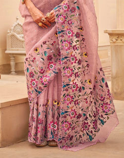 Collection of Light Pink Digital Floral Print With Embellished Work Organza Saree in a gallery layout