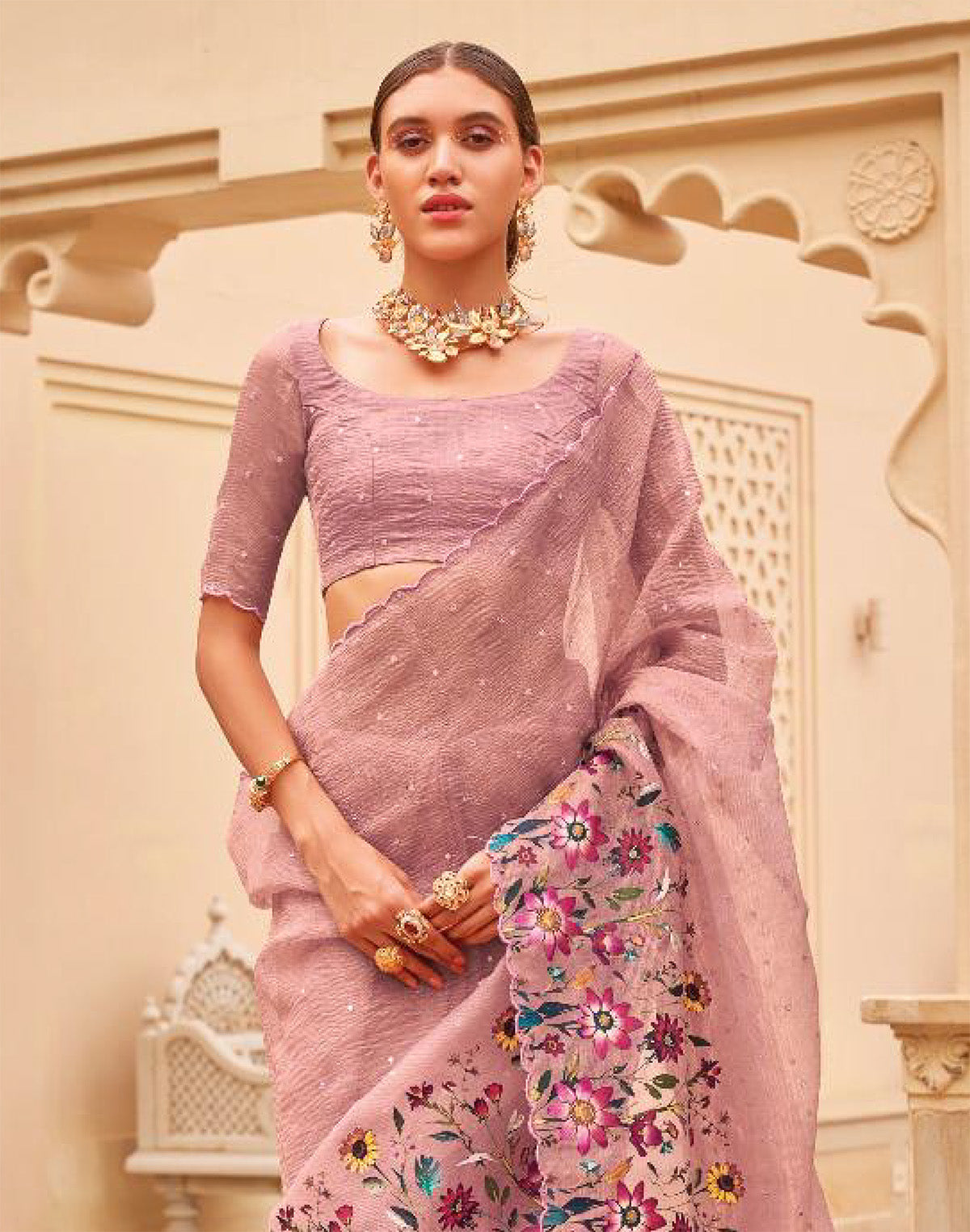 Collection of Light Pink Digital Floral Print With Embellished Work Organza Saree in a gallery layout