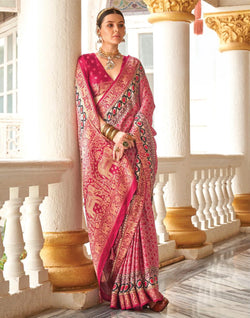 Collection of Pink Coloured All Over Floral Print Soft Georgette Saree in a gallery layout