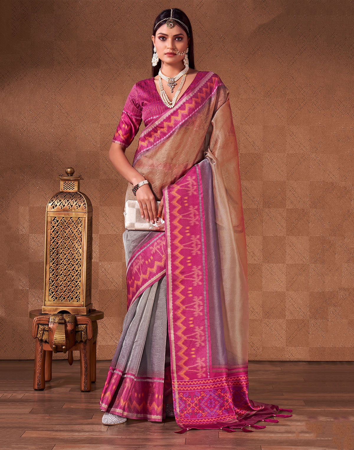 Multi Color Plain Georgette Saree With Contrast Pink Border