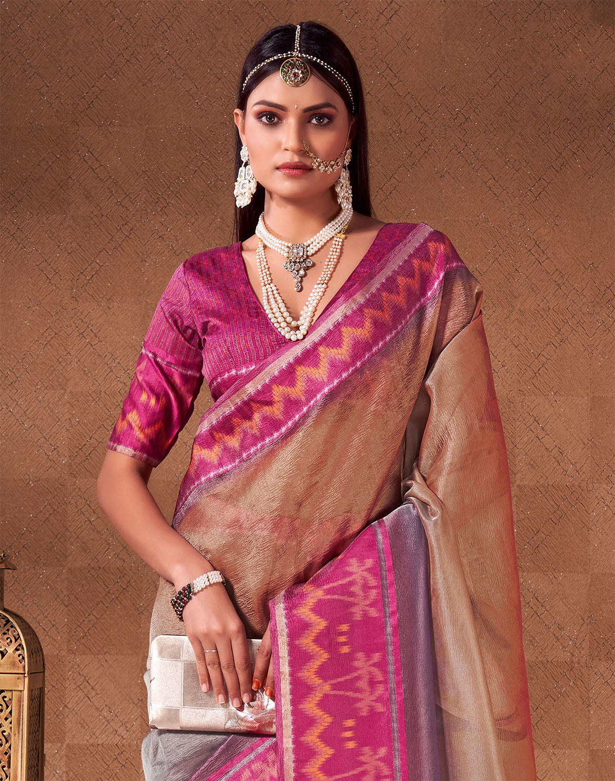 Collection of Multi Color Plain Georgette Saree With Contrast Pink Border in a gallery layout