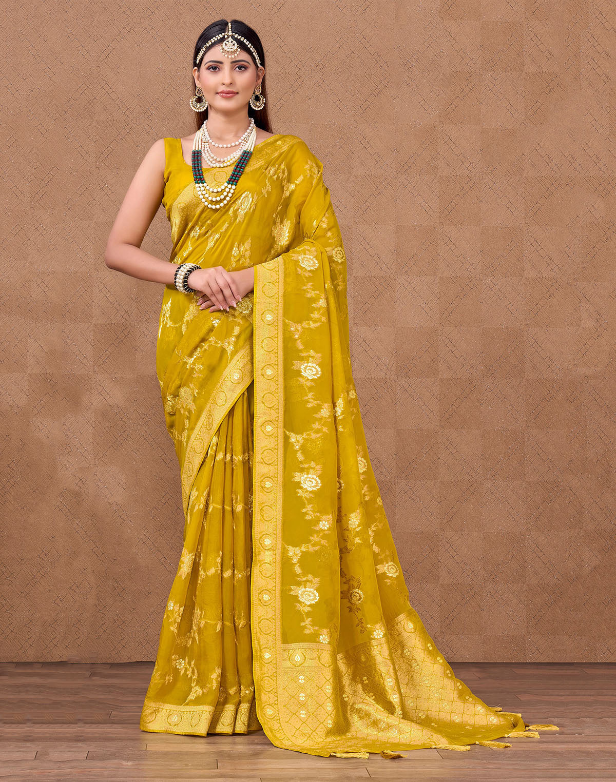 Collection of All Over Floral Design Organza Saree in Yellow in a gallery layout