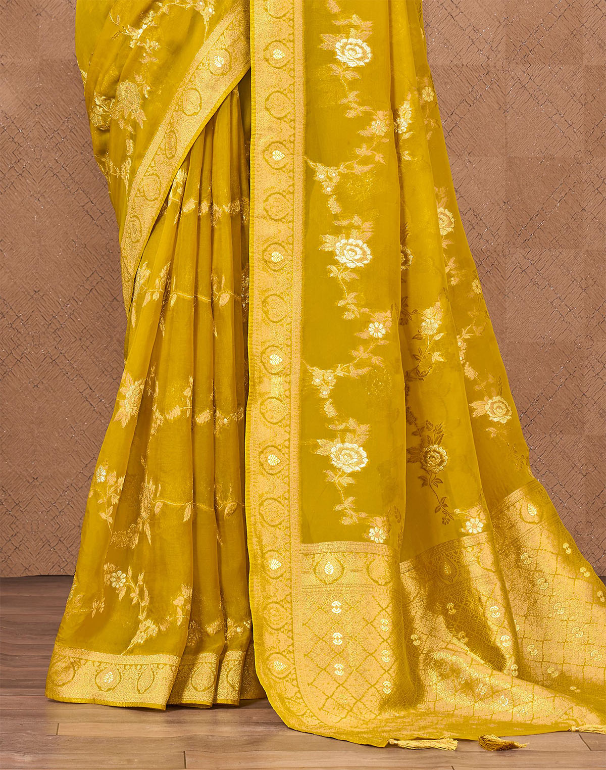 Collection of All Over Floral Design Organza Saree in Yellow in a gallery layout