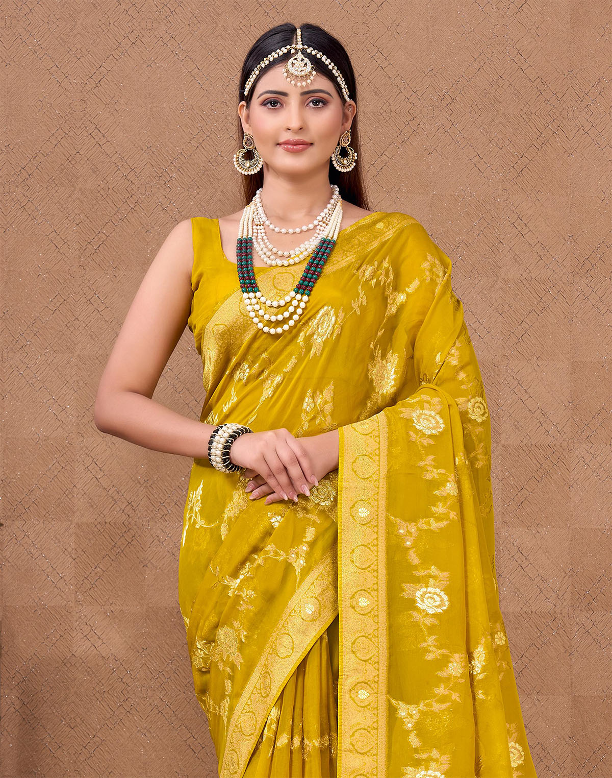 Collection of All Over Floral Design Organza Saree in Yellow in a gallery layout