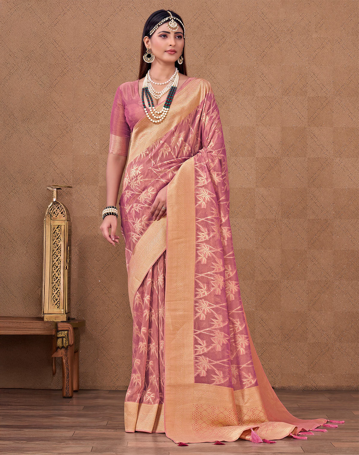 Collection of Pink Shaded Fancy Organza Contrast Border Saree in a gallery layout