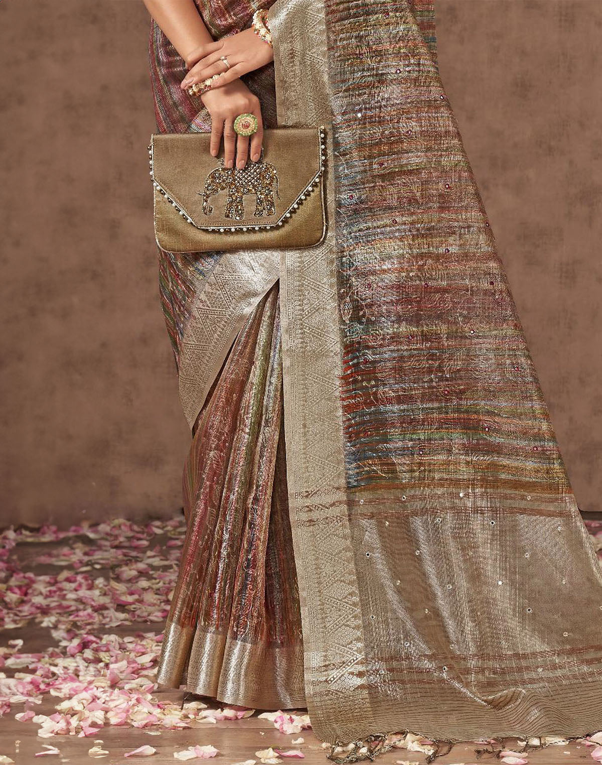 Collection of Light Brown Sequence With Mirror Work Organza Saree in a gallery layout