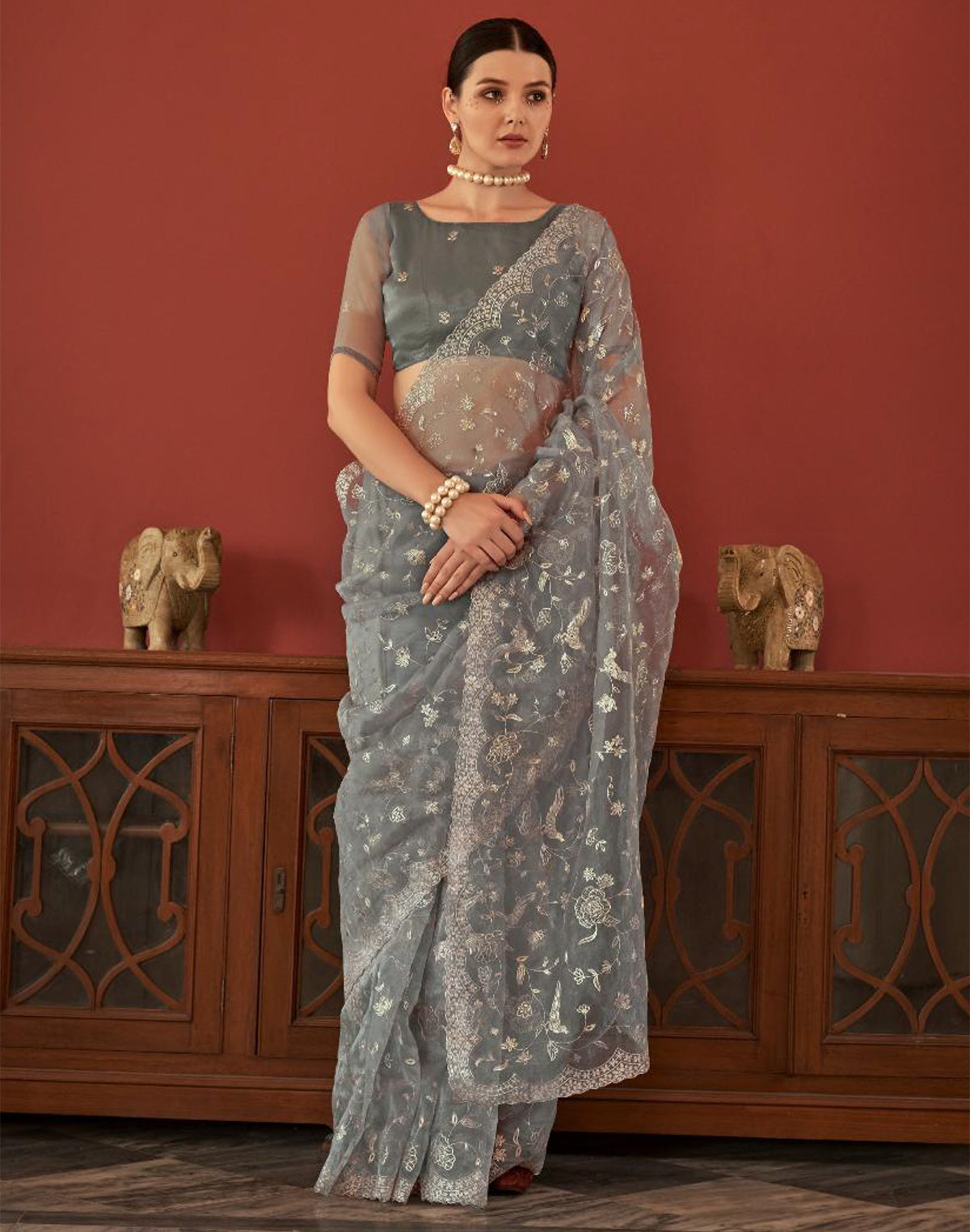 Collection of Light Grey Floral Design Embroidery Work Netted Saree With Designer Blouse in a gallery layout