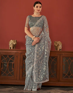 Collection of Light Grey Floral Design Embroidery Work Netted Saree With Designer Blouse in a gallery layout