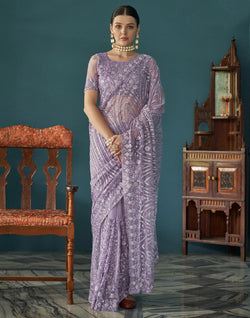 Collection of Purple Floral Embroidery and Stones Work Netted Saree With Designer Blouse in a gallery layout