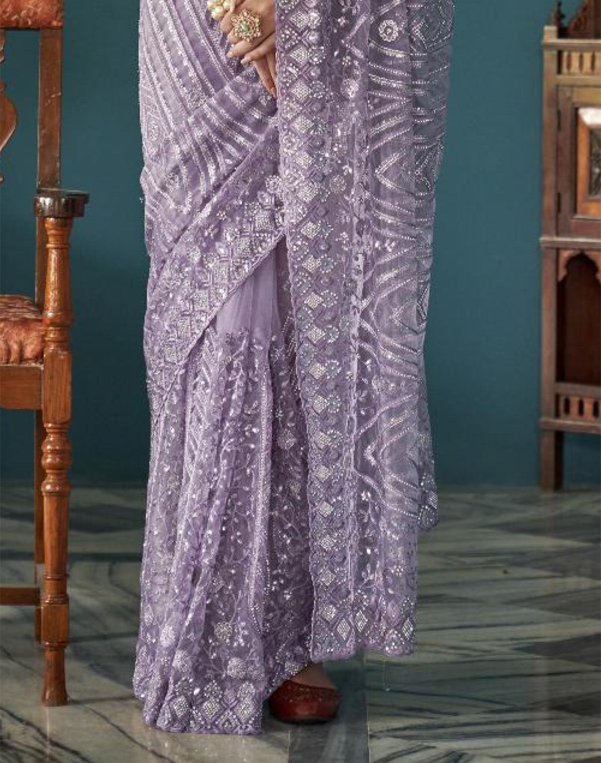 Collection of Purple Floral Embroidery and Stones Work Netted Saree With Designer Blouse in a gallery layout