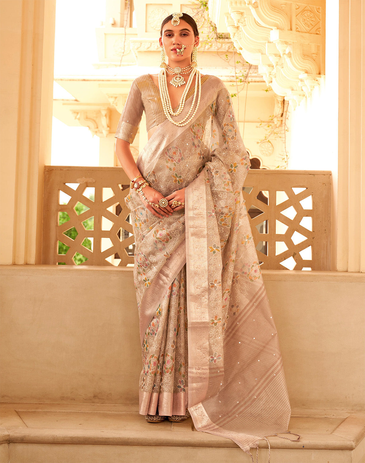 Collection of Floral Embroidery Work Organza Saree in Beige in a gallery layout