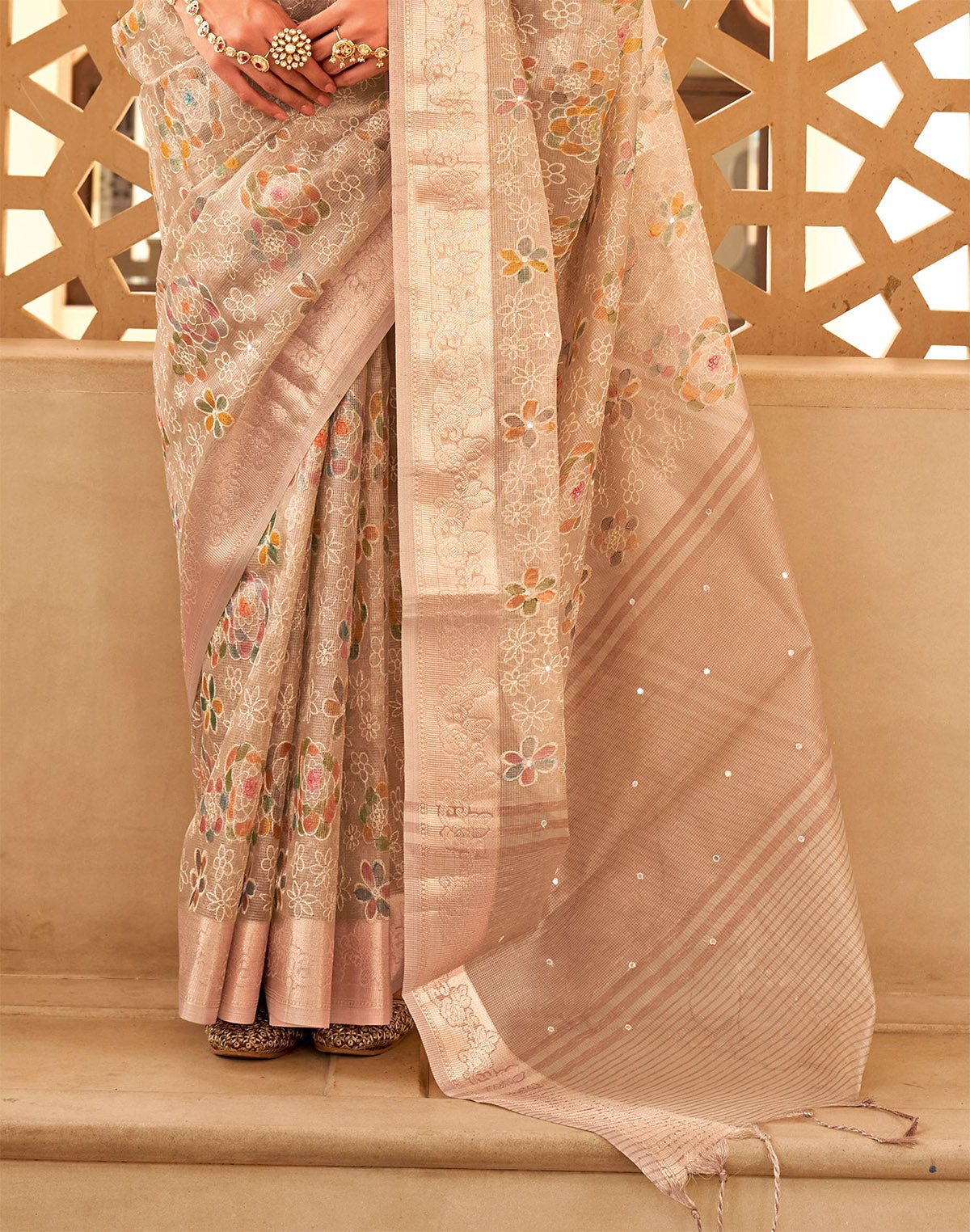 Collection of Floral Embroidery Work Organza Saree in Beige in a gallery layout