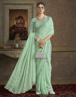 Collection of Light Pista Green Self Floral Design Satin Saree With Designer Blouse in a gallery layout