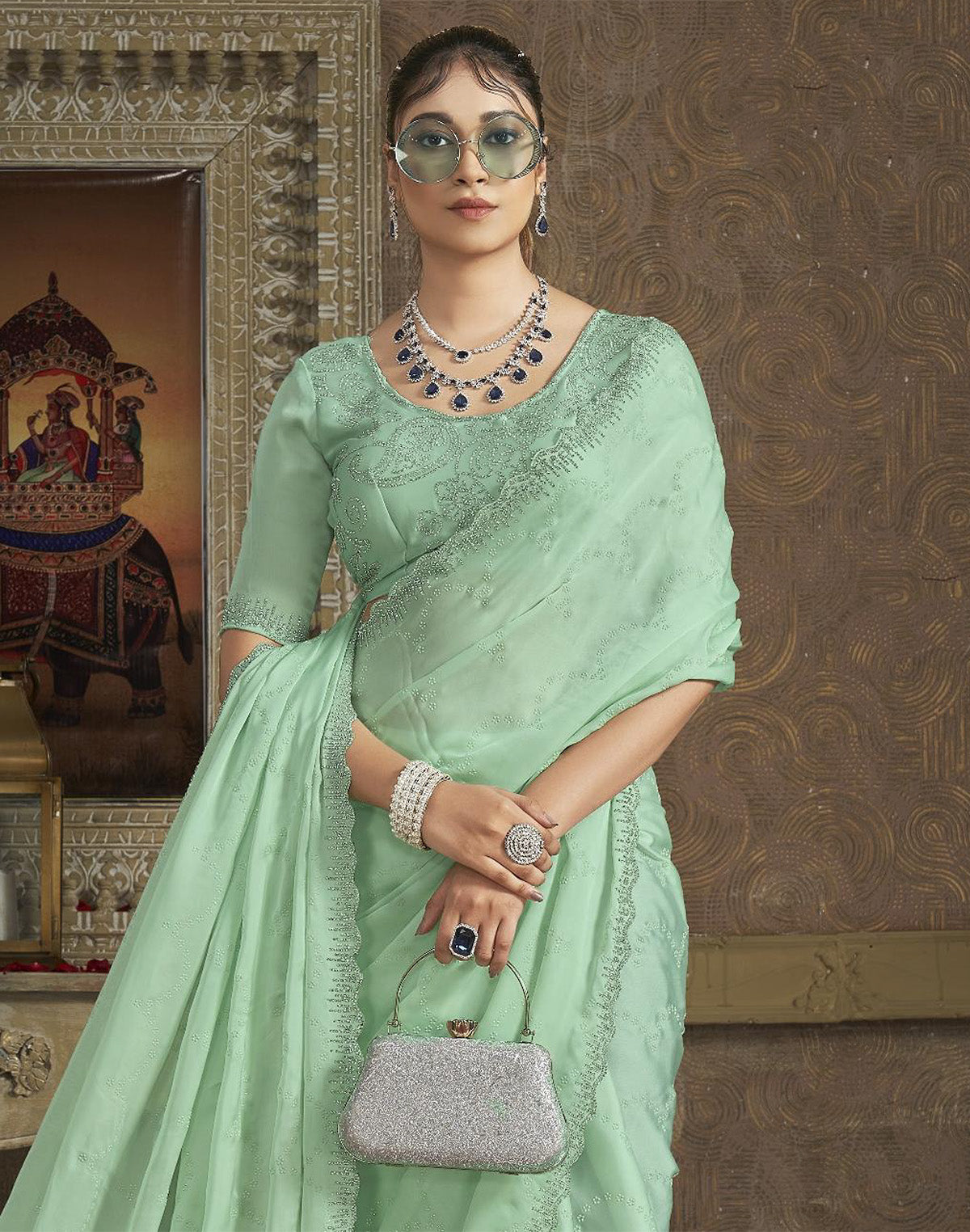 Collection of Light Pista Green Self Floral Design Satin Saree With Designer Blouse in a gallery layout