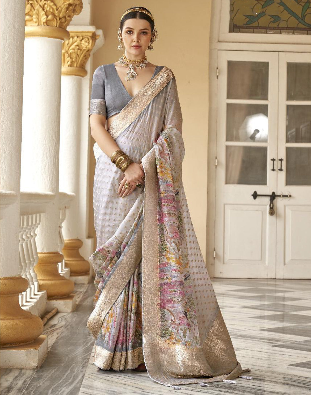 Collection of Light Grey Soft Georgette Floral Party Wear Saree in a gallery layout