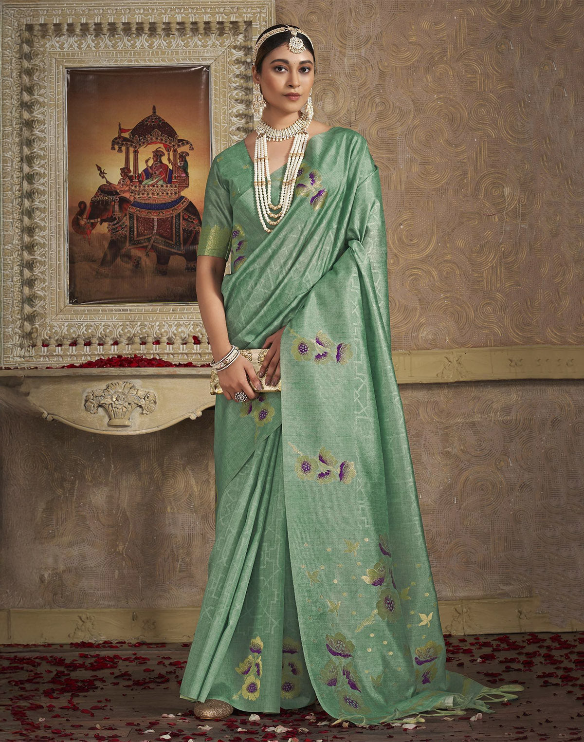 Collection of Floral Printed Soft Silk Fancy Saree in Light Green in a gallery layout