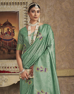 Collection of Floral Printed Soft Silk Fancy Saree in Light Green in a gallery layout