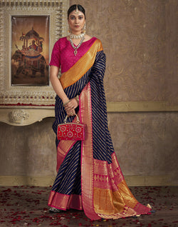 Collection of Navy Blue Dola Silk Contrast Saree With Ganga Jamuna Border in a gallery layout