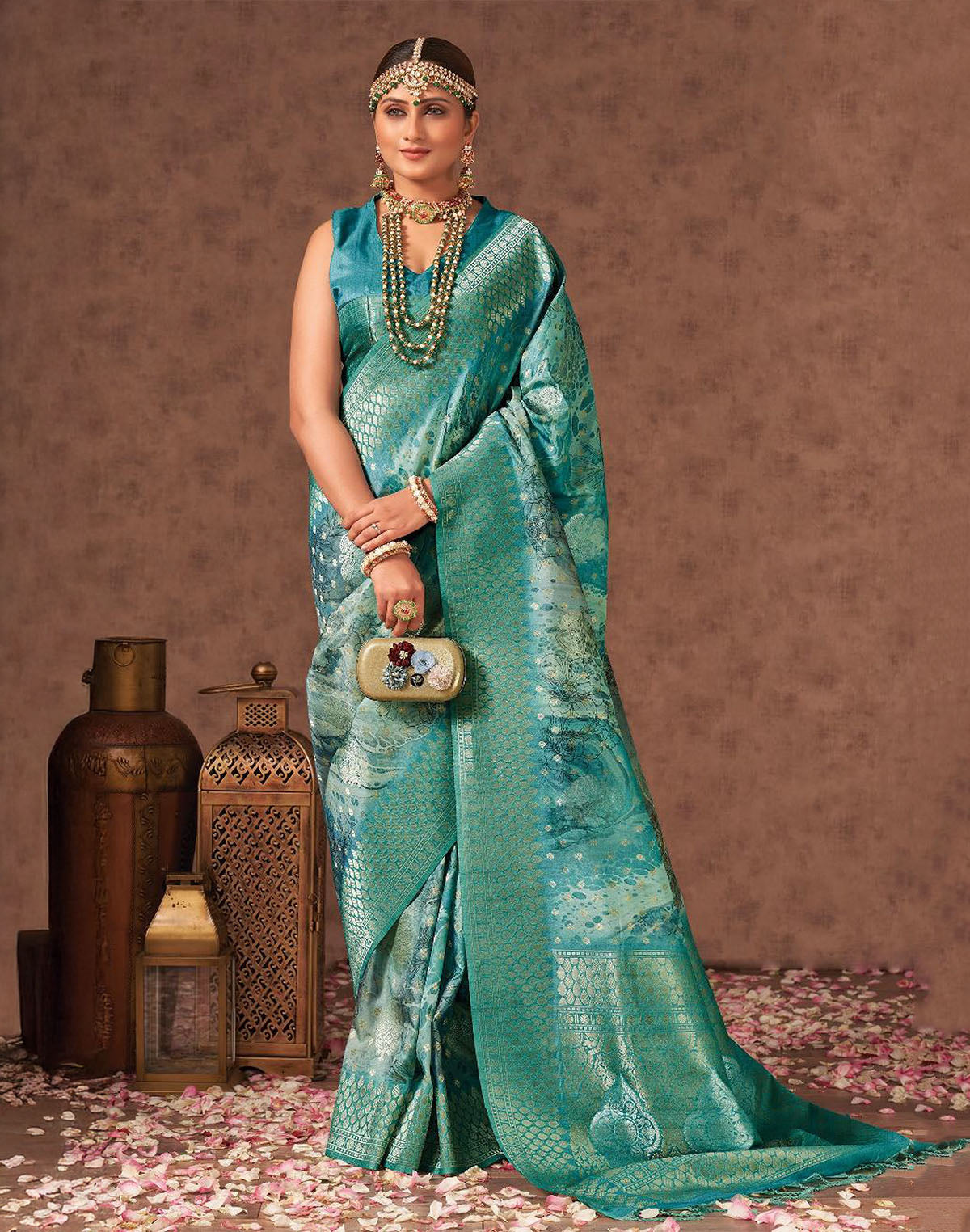 Collection of Sea Green Digital Floral Design Organza Party Wear Saree in a gallery layout