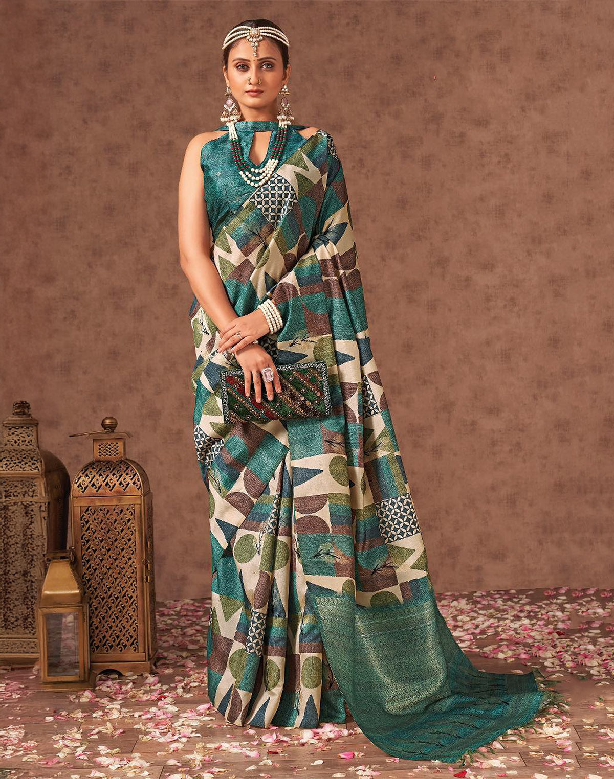 Collection of Rama Blue Geometric Print Party Wear Tussar Silk Saree in a gallery layout