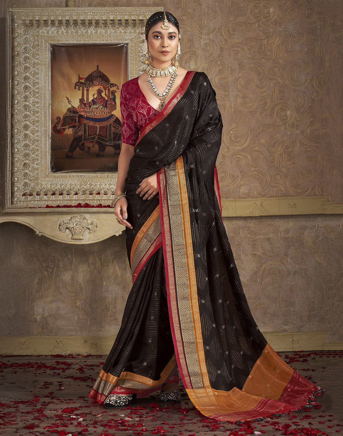 Collection of Black Silver Zari Motifs Party Wear Satin Saree in a gallery layout