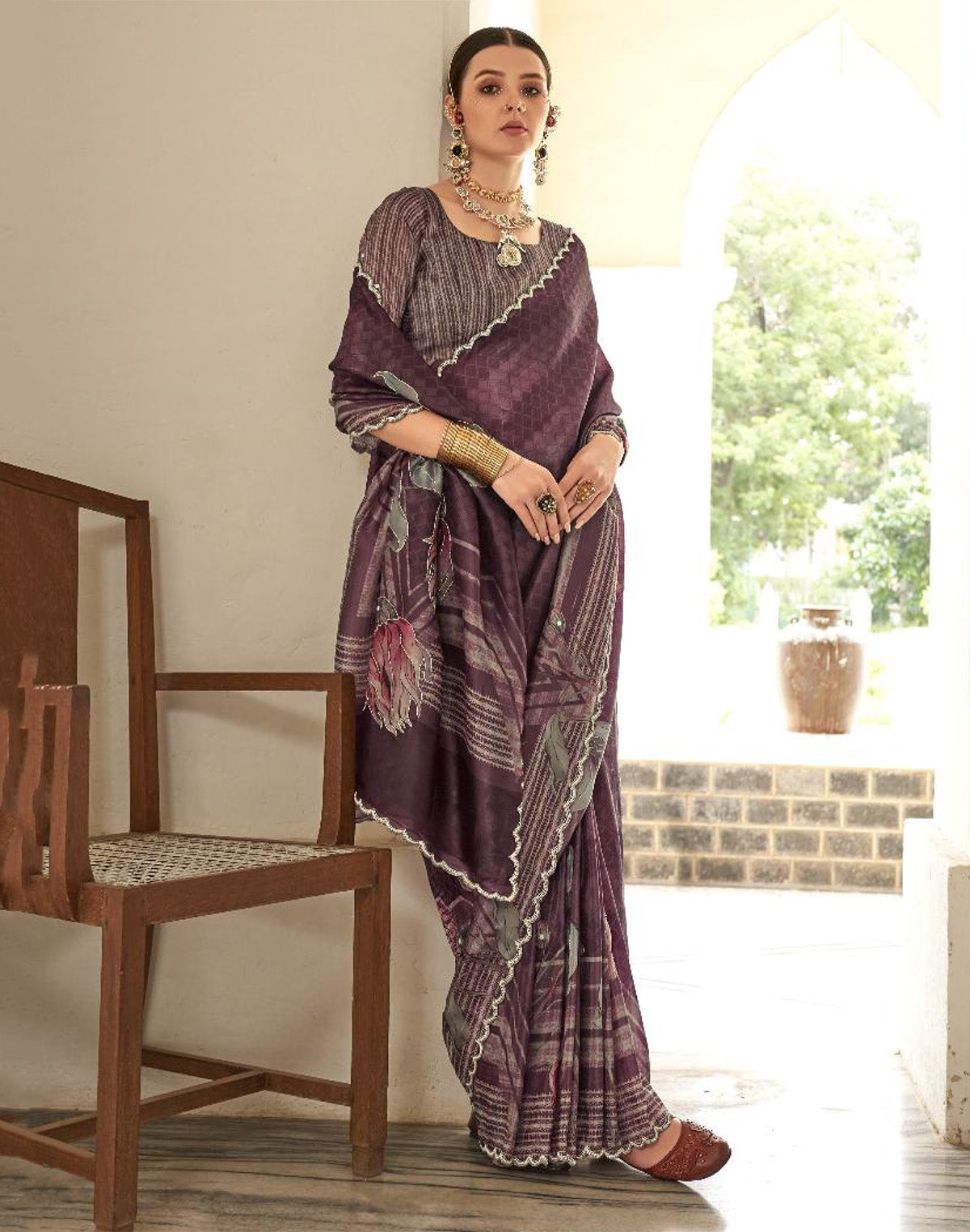 Collection of Brown Colour Digital Floral Printed Soft Silk Party Wear Saree in a gallery layout