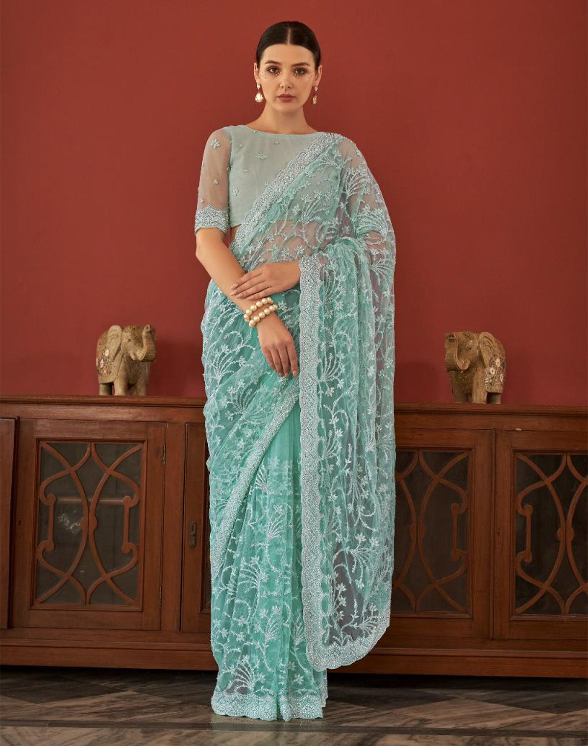 Sea Green All Over Floral Embroidery Work Netted Saree With Designer Blouse