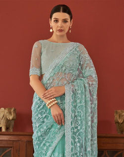 Collection of Sea Green All Over Floral Embroidery Work Netted Saree With Designer Blouse in a gallery layout