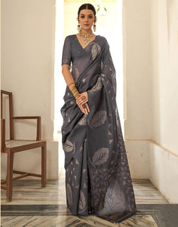 Collection of Dark Grey Organza Self Blouse Party Wear Saree in a gallery layout