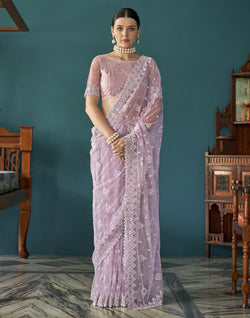 Collection of Lavender Party Wear Floral Embroidery Work Netted Saree With Designer Blouse in a gallery layout