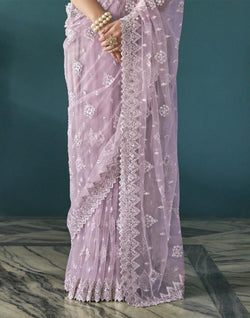 Collection of Lavender Party Wear Floral Embroidery Work Netted Saree With Designer Blouse in a gallery layout