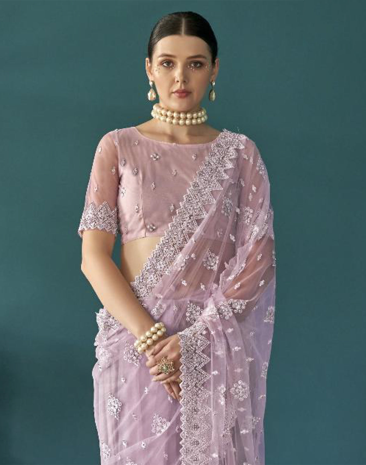 Collection of Lavender Party Wear Floral Embroidery Work Netted Saree With Designer Blouse in a gallery layout