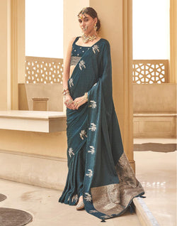 Collection of Rama Blue Satin Saree With Golden Pallu in a gallery layout