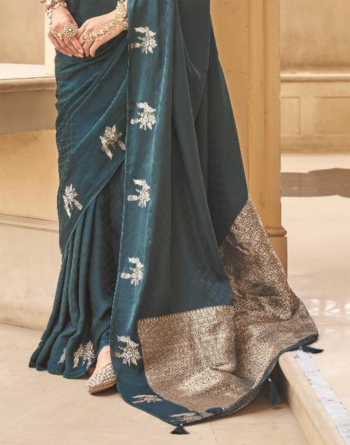 Collection of Rama Blue Satin Saree With Golden Pallu in a gallery layout