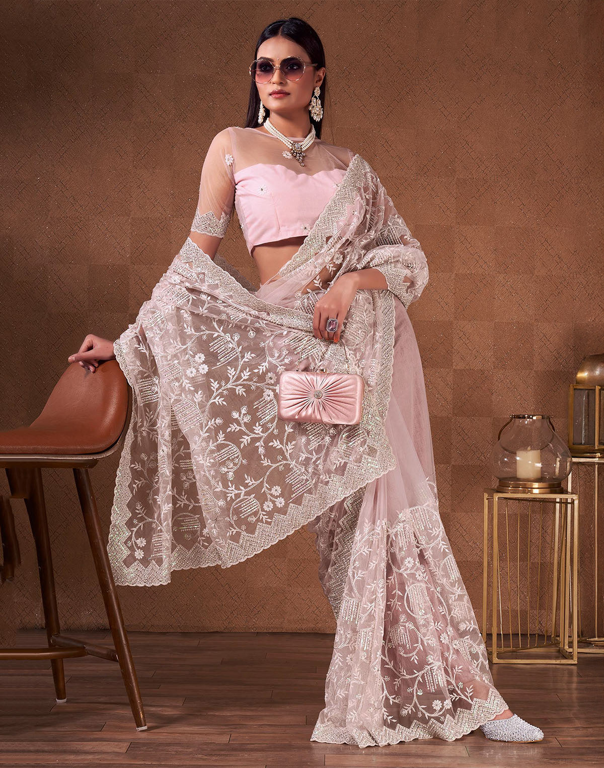 Light Pink Netted Sequence With Embroidery Work Netted Saree