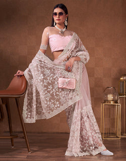 Collection of Light Pink Netted Sequence With Embroidery Work Netted Saree in a gallery layout