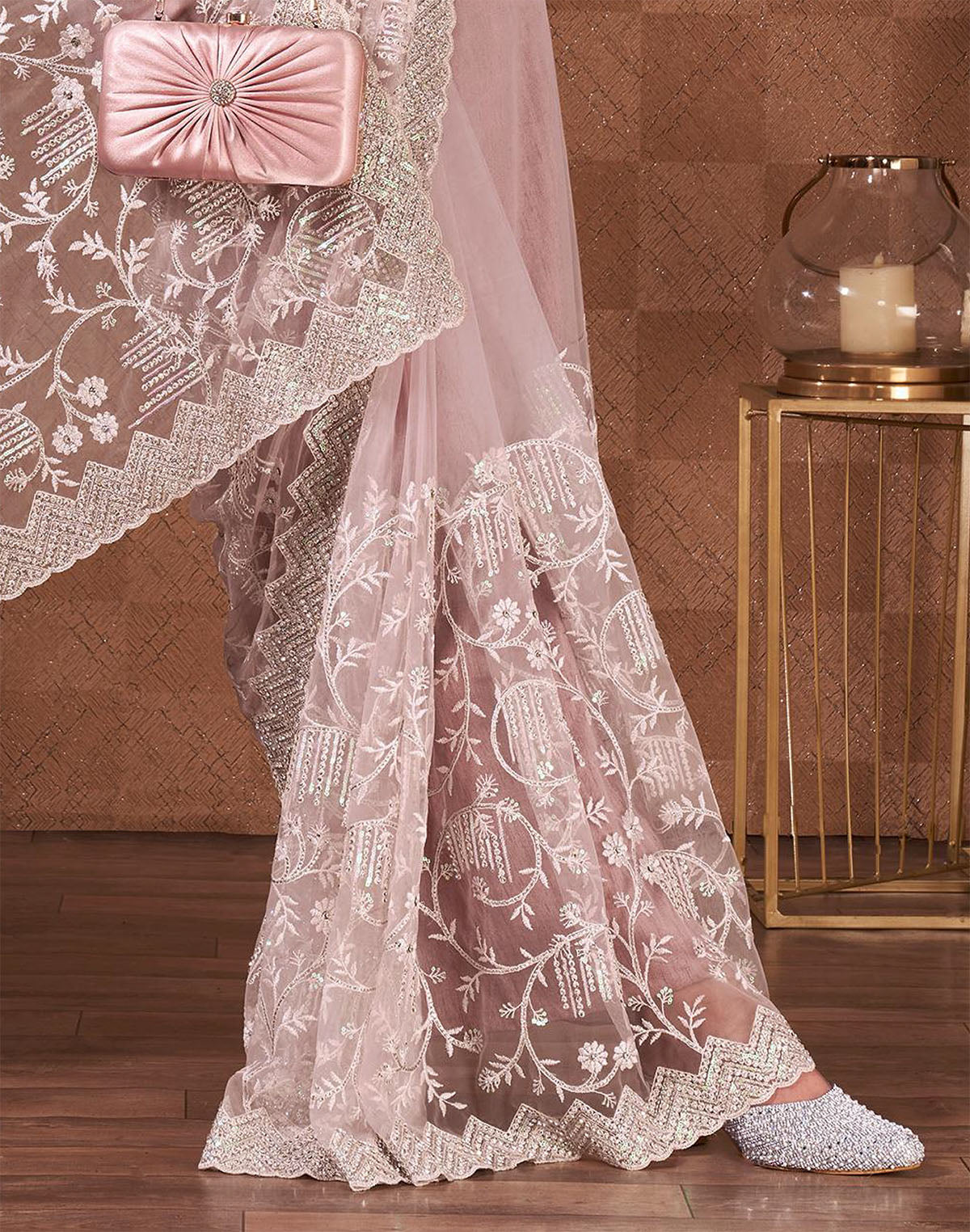 Collection of Light Pink Netted Sequence With Embroidery Work Netted Saree in a gallery layout