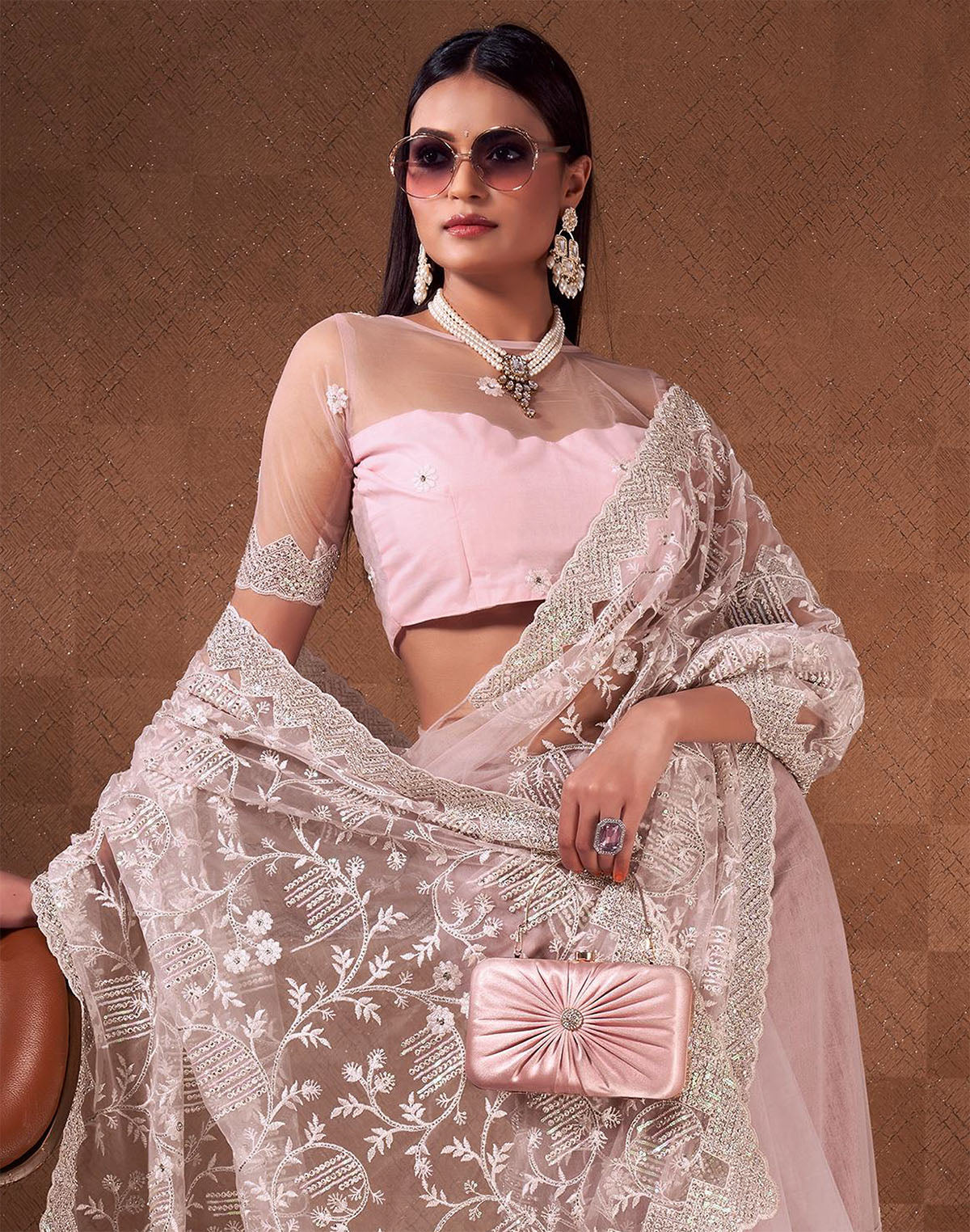 Collection of Light Pink Netted Sequence With Embroidery Work Netted Saree in a gallery layout