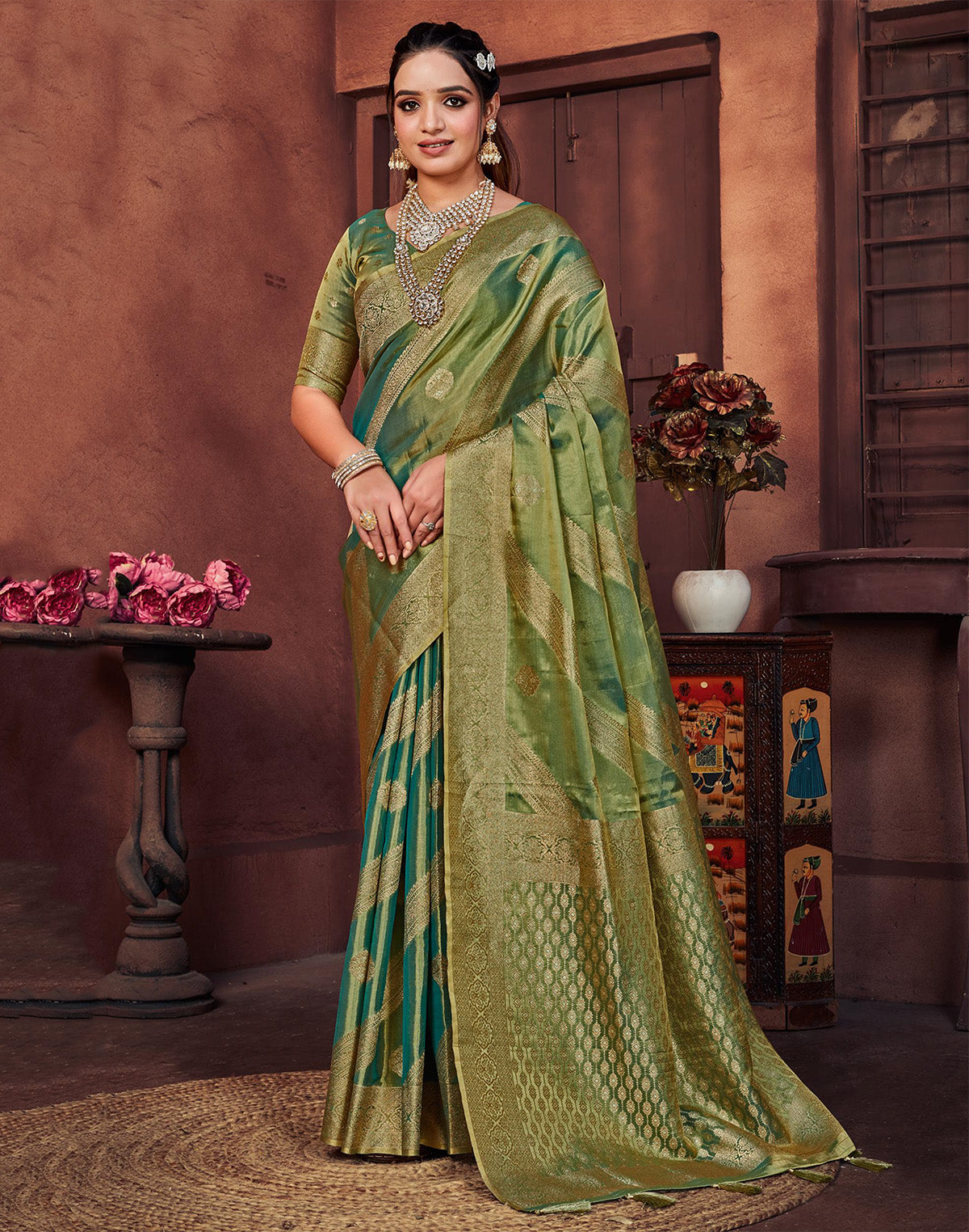 Collection of Green Double Shaded Banaras Fancy Saree in a gallery layout