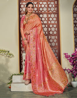 Collection of Peach and Orange Floral Butta Banaras Fancy Saree in a gallery layout