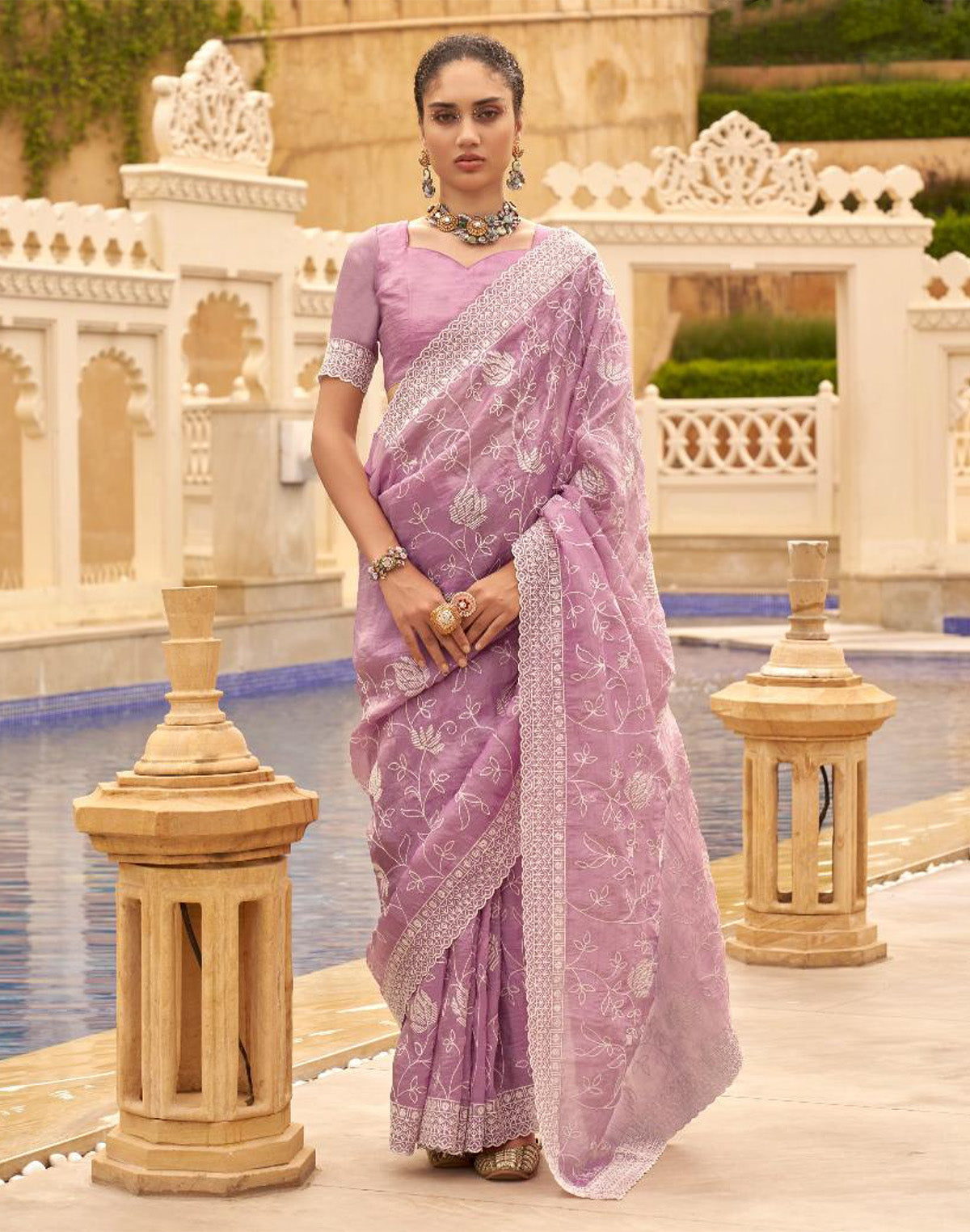 Collection of All Over Embroidery Work Organza Saree in Purple in a gallery layout